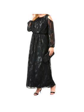 Jessica London Womens Size 14W Maxi Dress Floral Burnout Cold Shoulder Black